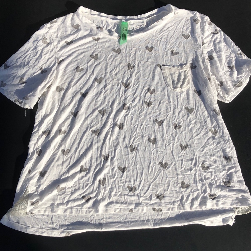 White rayon shirt with gray hearts.